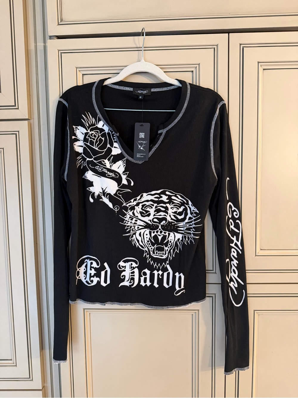 NWT Don Ed Hardy Black Long-Sleeve Graphic Tee White Tiger Rose Print Shirt Top